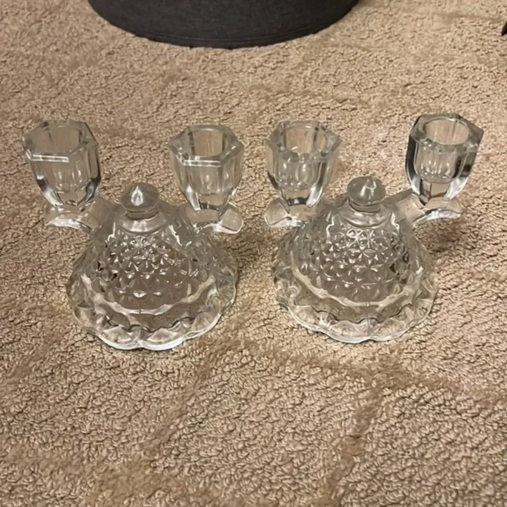 ✨ Imperial Glass Ohio Laced Edge Clear Double Light Candlesticks (Set of 2)